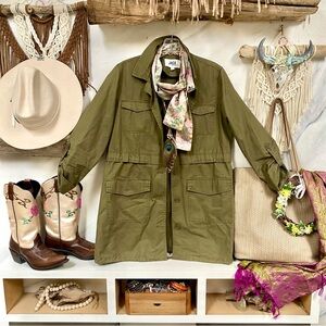 UPCYCLED quilted patchwork back detailing army green longer canvas jacket